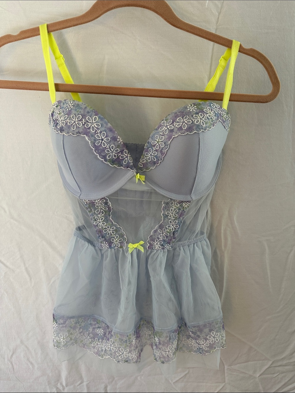 Victoria’s Secret Lace Babydoll Chemise - Lavender w/ Neon Yellow Accents 34D
